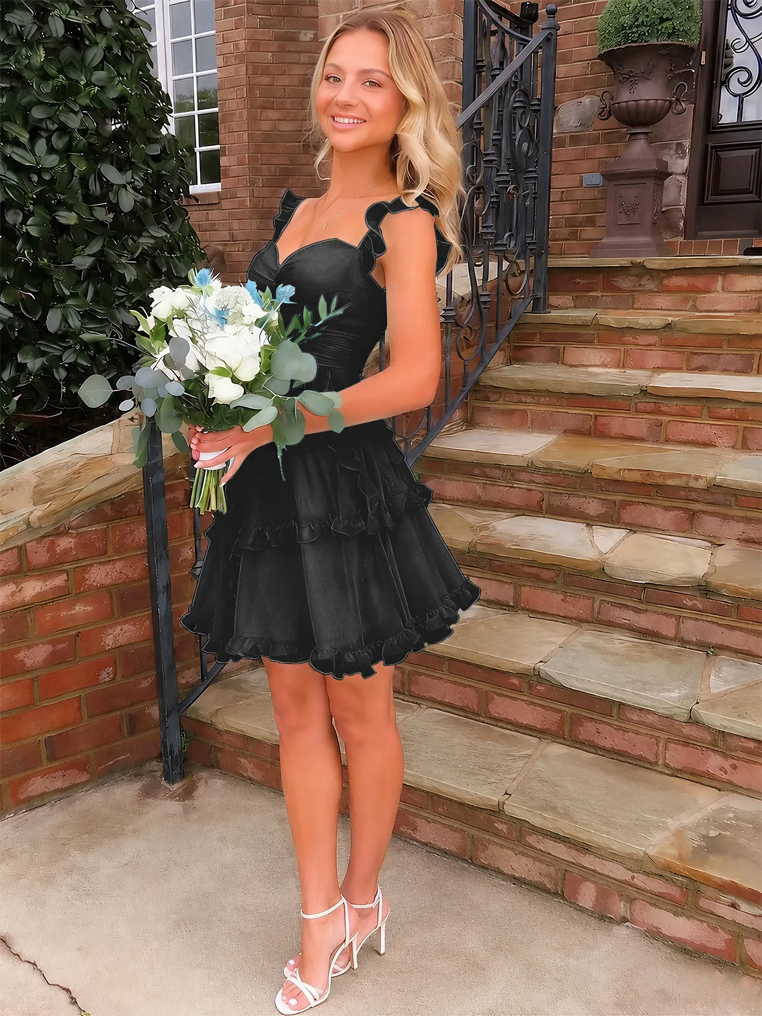 Sweetheart Ruffle Strap Tiered Chiffon Mini Homecoming Dress