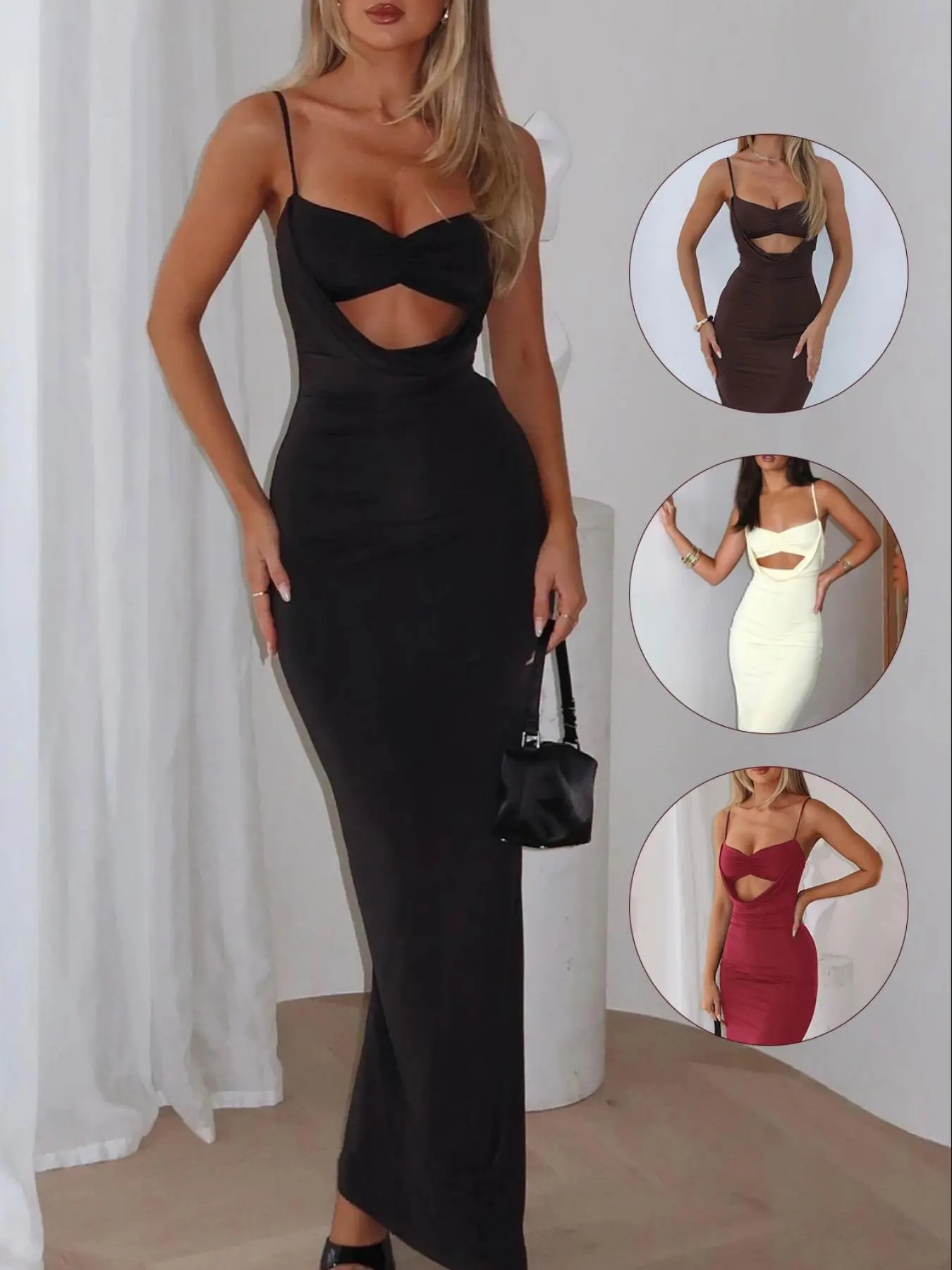 Valentine's Day Women's Low Cut Design Dress, Womenswear Sexy Elegant Feminine Long Gown with Adjustable Straps, Ruched Bust Tight Fit, Slim-Fitting Style