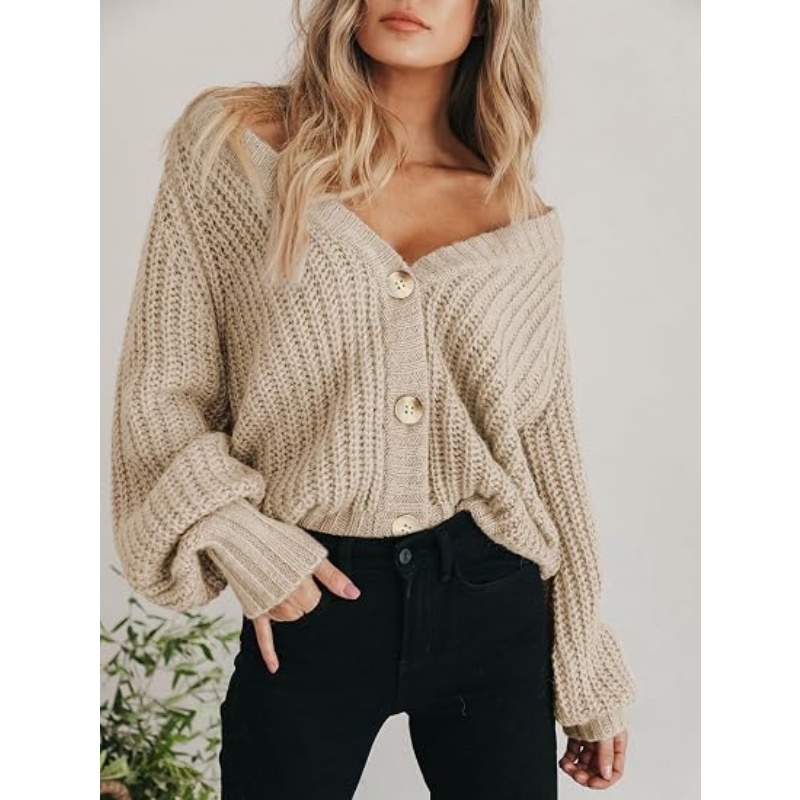 Women Chunky Knit Button‑Down Cardigan V‑Neck Balloon Long Sleeve Loose Oversized Knit Sweater Fall Casual Outer Top
