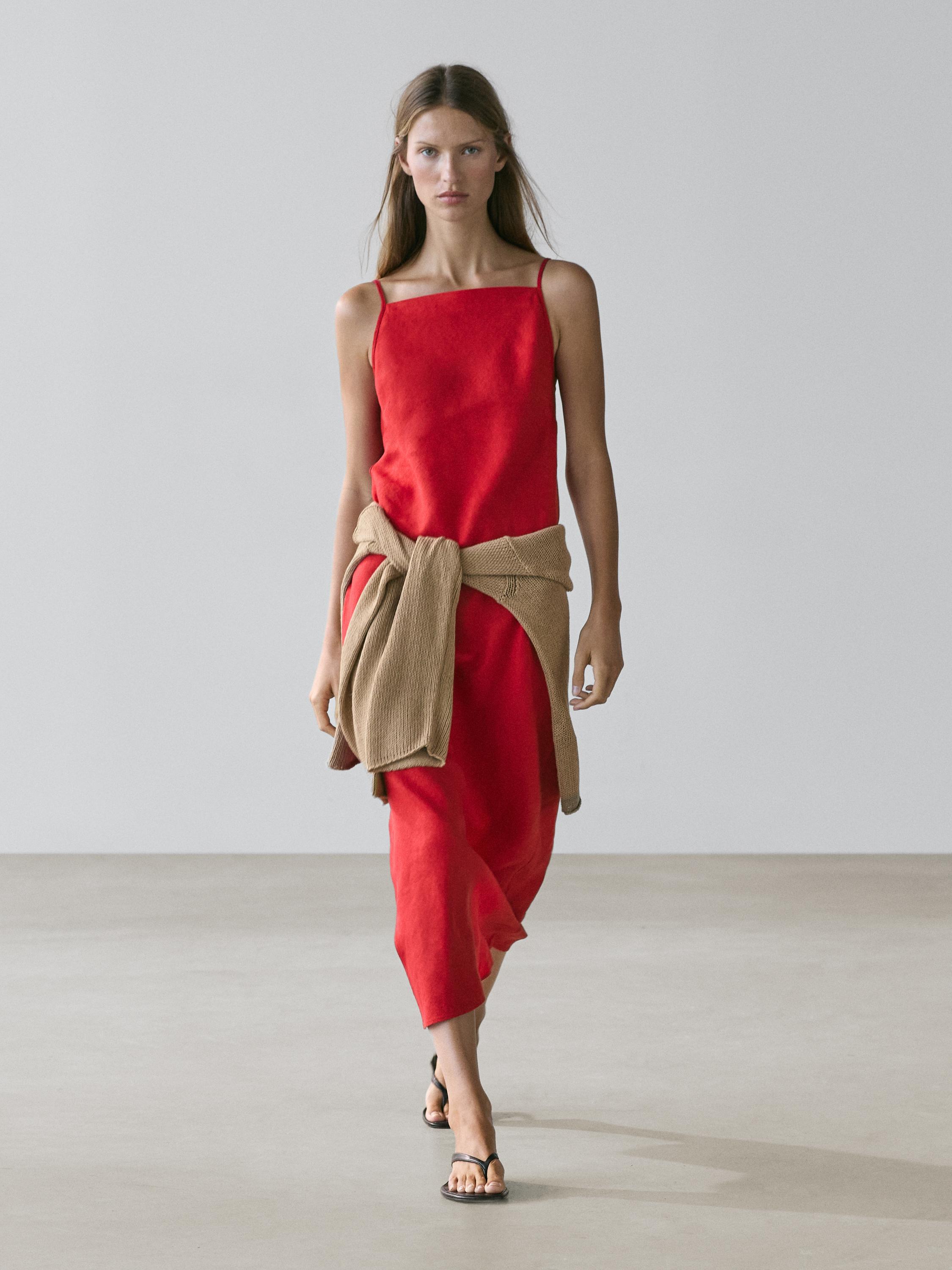 Vestido midi escote recto lino