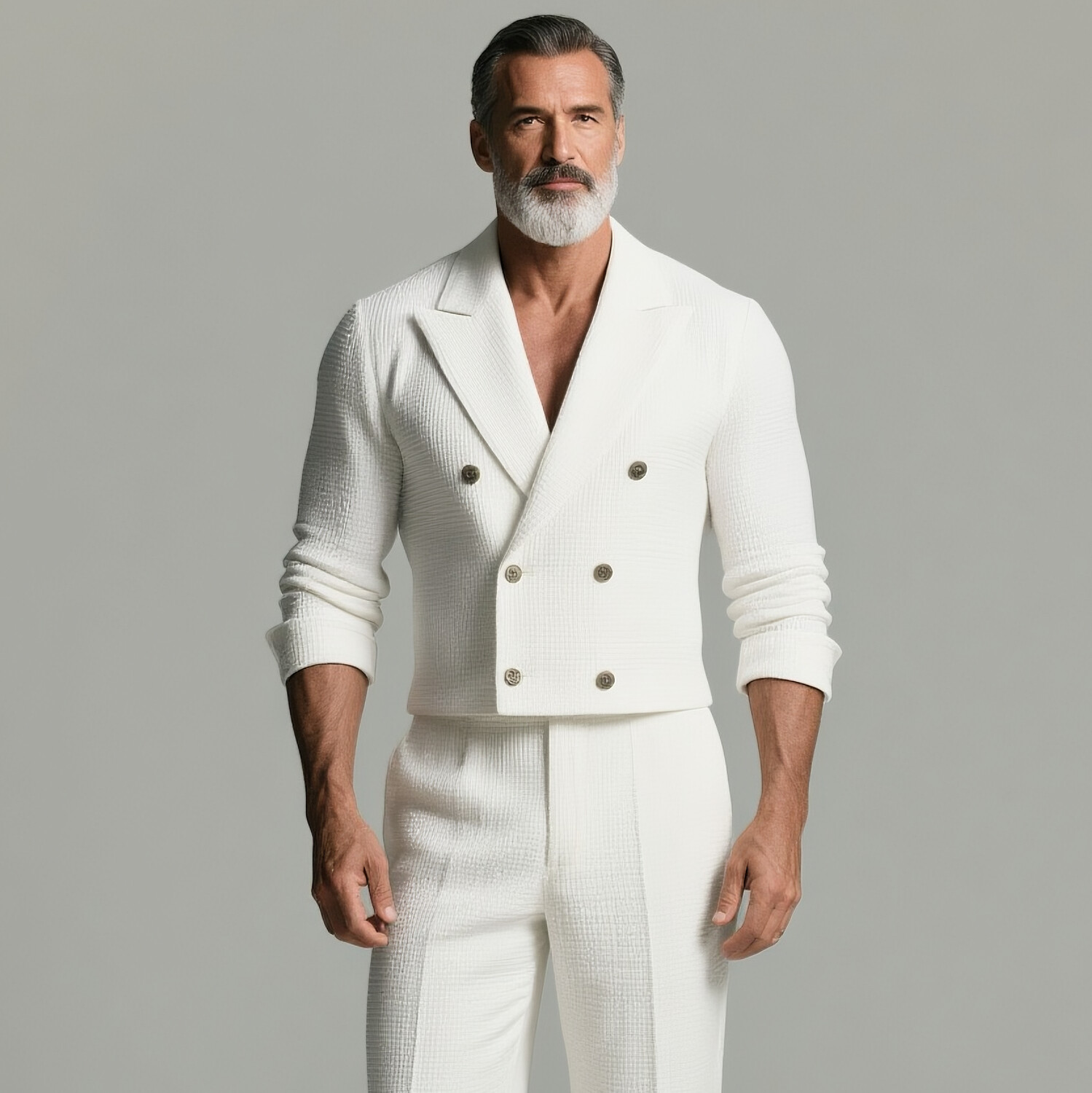 Men's Waffle Textured Double Breasted Peak Lapel Long Sleeve Shirt & Pants 2Pcs Set