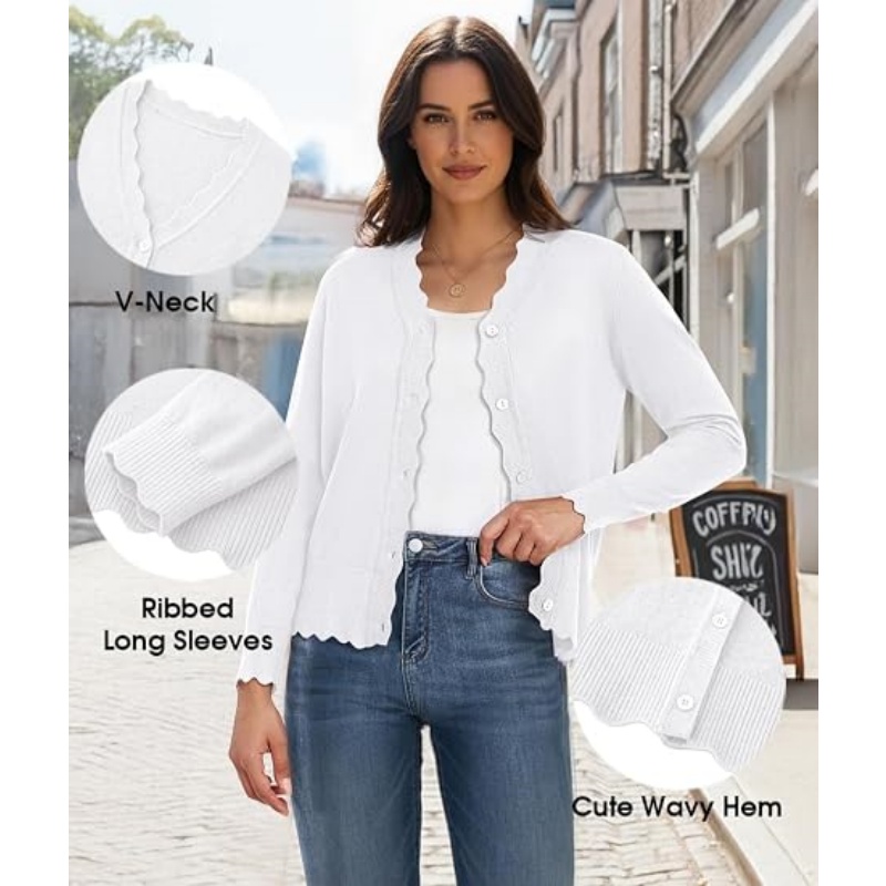 Women Lightweight Button‑Down Knit Cardigan Scalloped V‑Neck Long Sleeve Cropped Casual Knit Outerwear 2026 Fall Fashion