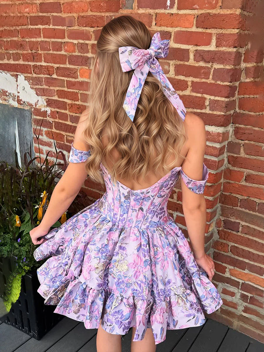 Floral Off-Shoulder Brocade Homecoming Dress with Ruffles