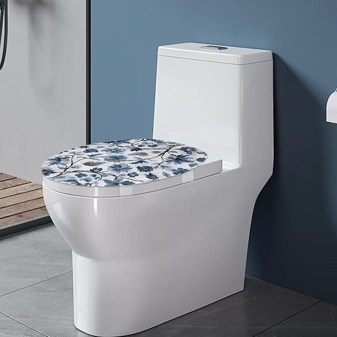 BATHLOOP Blue Flowers Toilet Seat Lid Cover Universal Toilet Lid Dust Cover Elongated Toilet Seat Covers