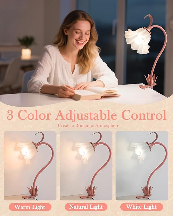 Flower Lamp Clip on Light, 3 Color Modes Eye-Caring Desk Lamp with Clamp