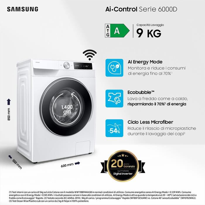 SAMSUNG - Lavatrice WW90DG6U25LEU3 9 Kg Classe A-bianco
