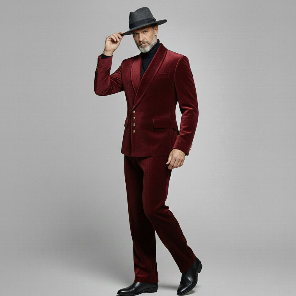 Men's Burgundy Shawl Lapel Business Velvet Long Sleeve Blazer & Pants 2Pcs Set
