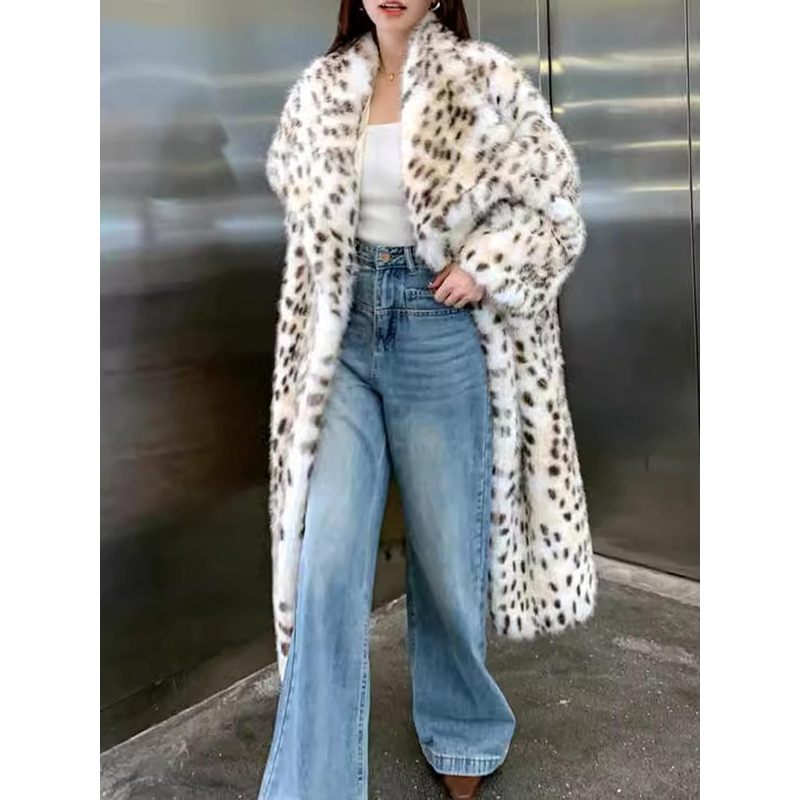 Women's Faux Fur Leopard Long Coat with Lapel