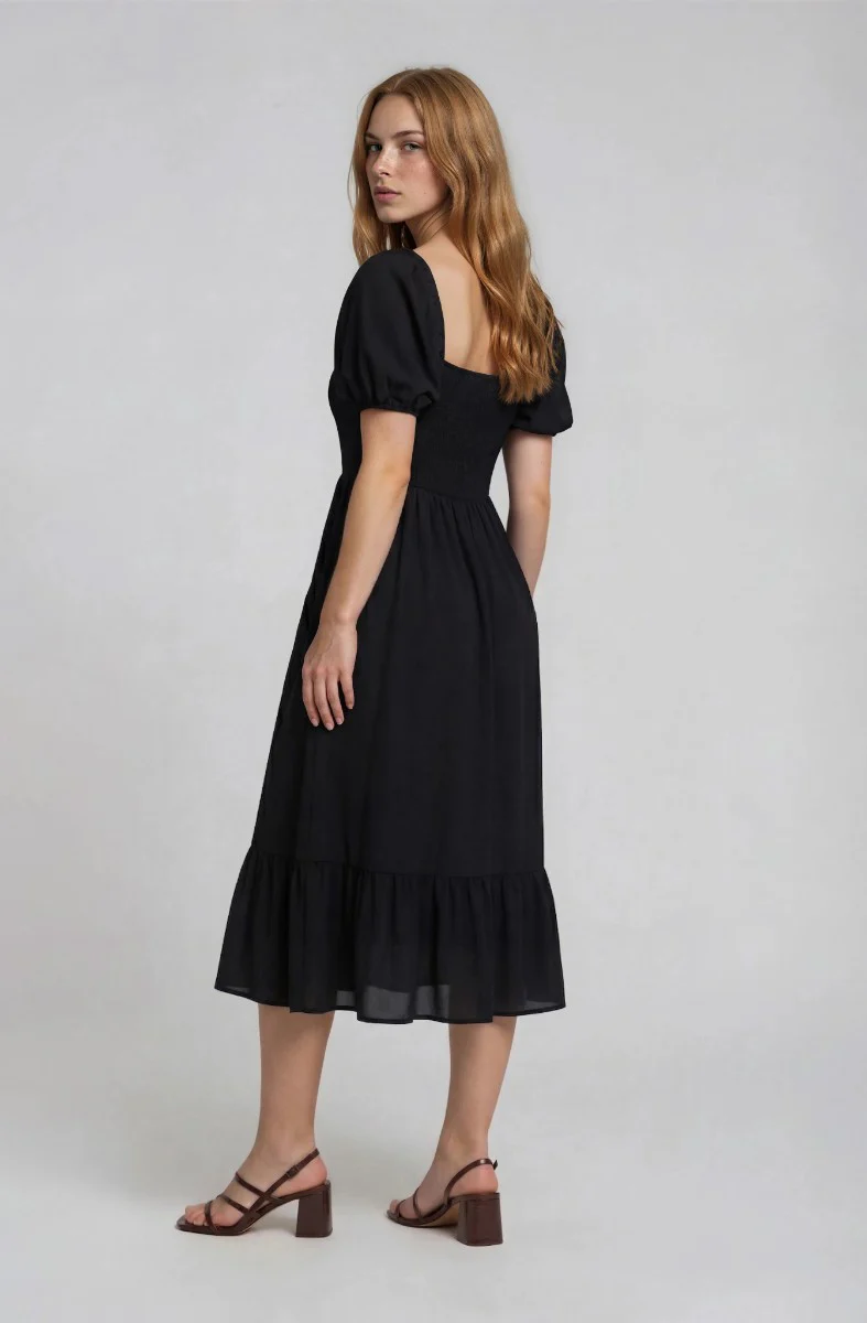 Pleated Puff Sleeve Dress - Navy