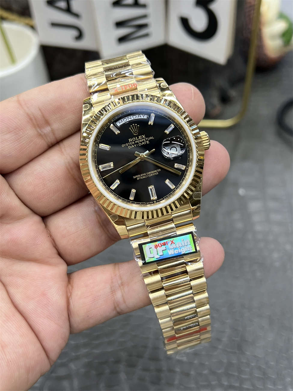 Rolex Day‐Date QF Factory 184g Replica – Black Dial, Full-Weight