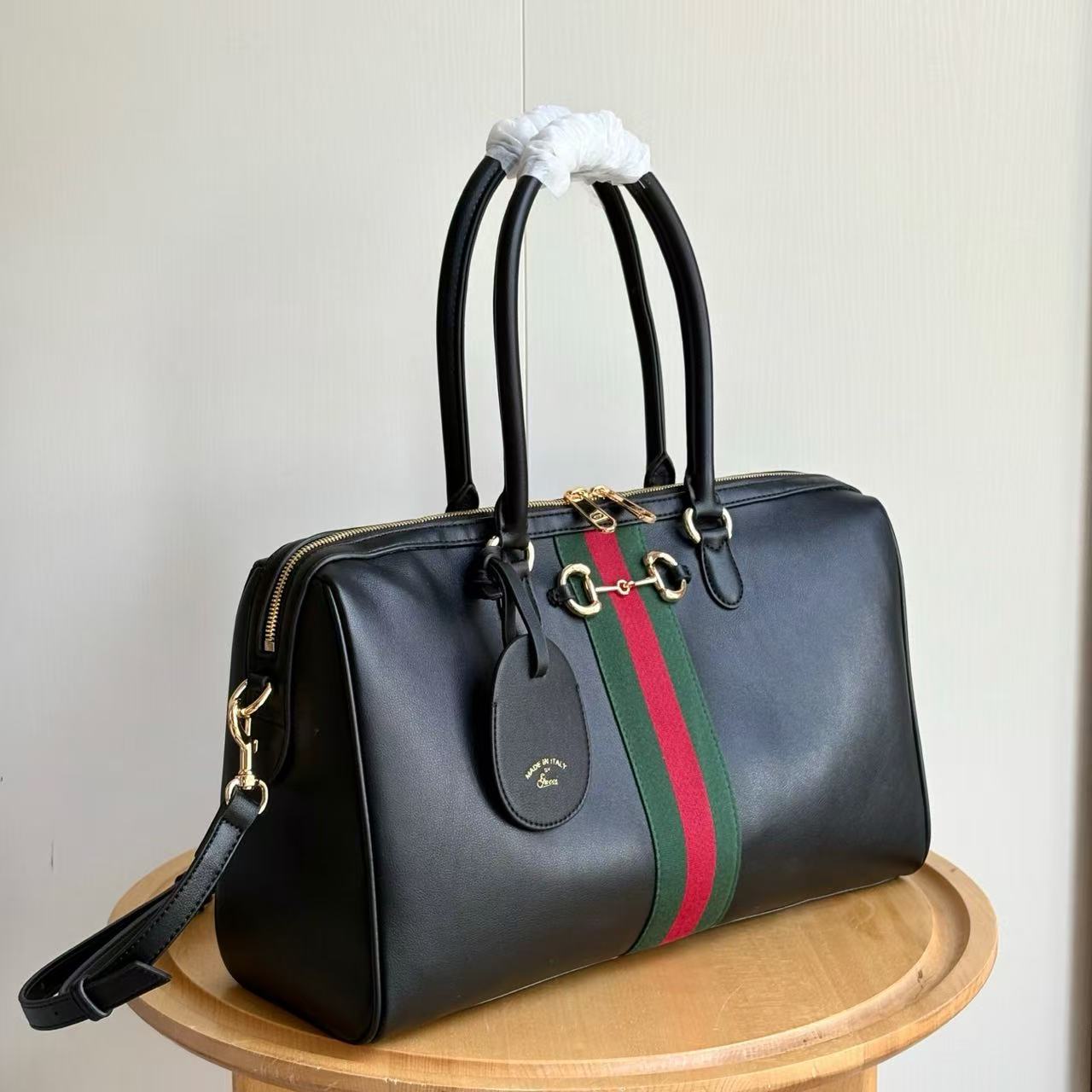 Black leather handbag 15.2″ × 8.9″ × 5.1″