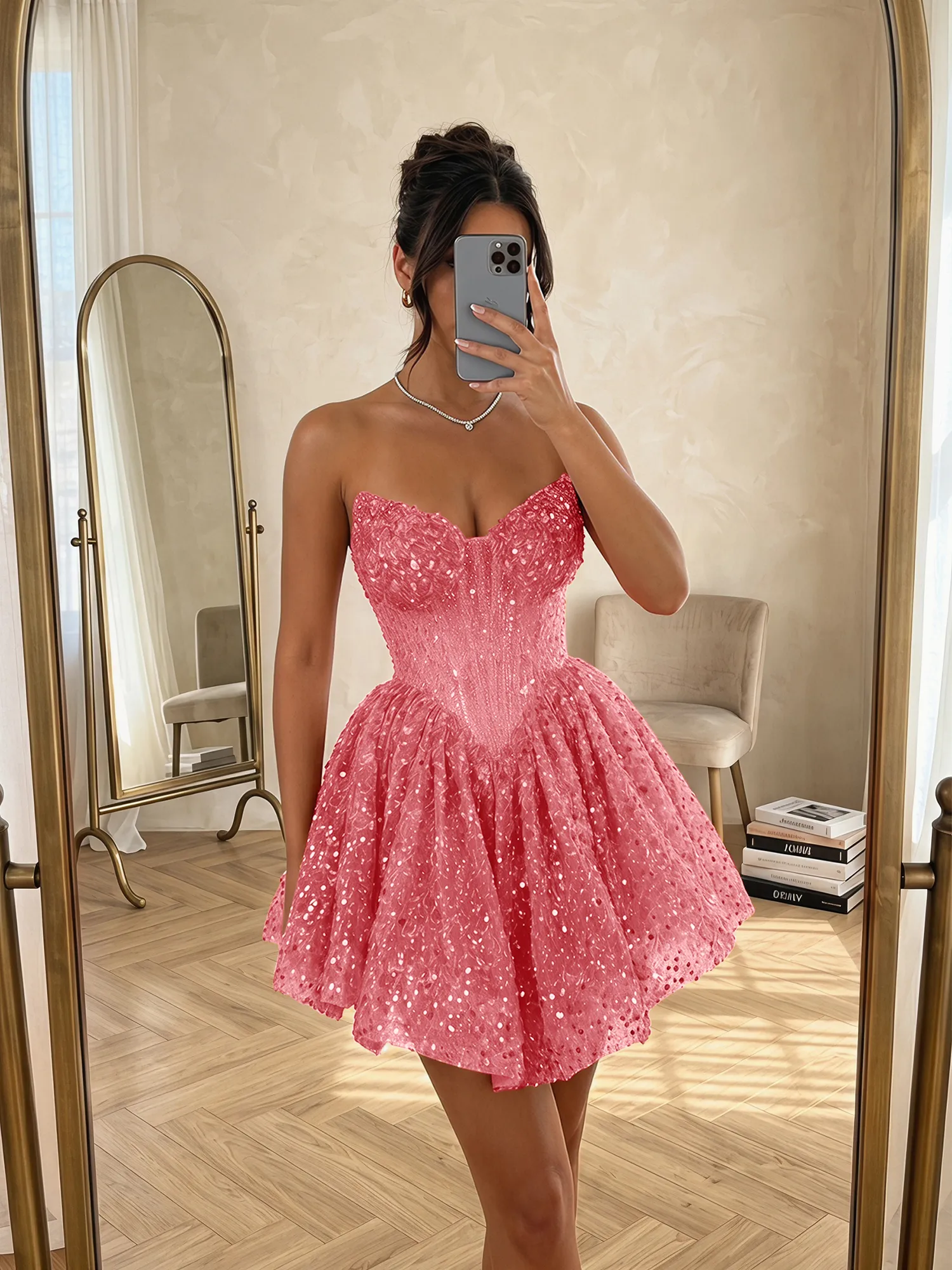 Sequin Strapless Sweetheart Mini Homecoming Dress with Ruffled Skirt