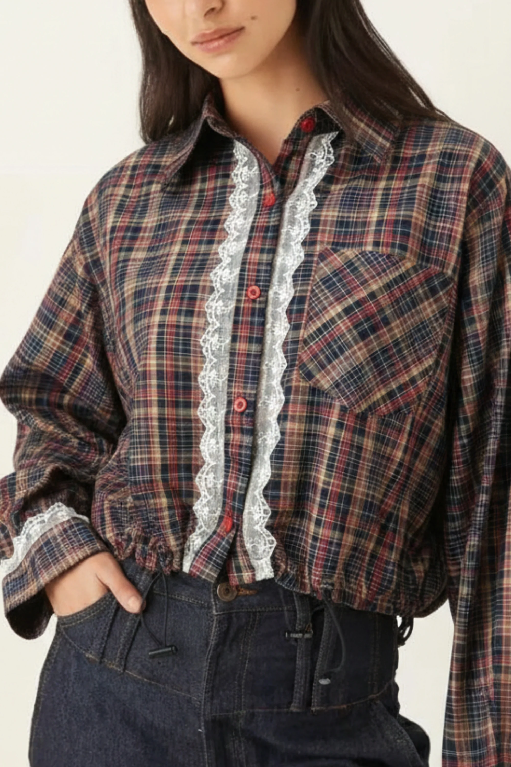 Rust Check Lace-Trim Cropped Shirt