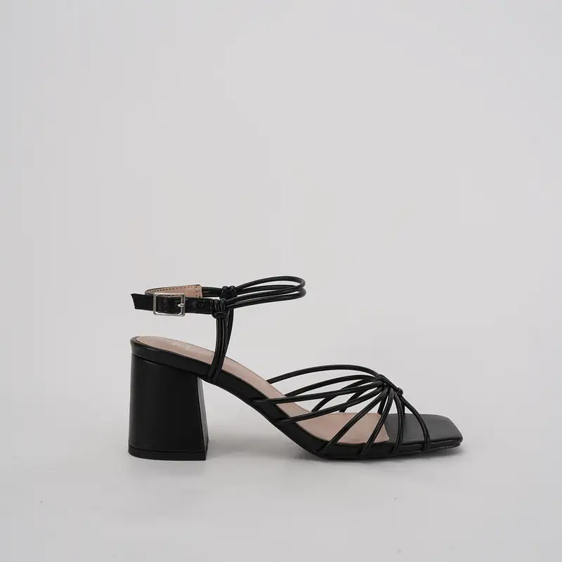 Elegant Black Strappy Sandals with Chunky Heel Square Toe & Adjustable Ankle Strap