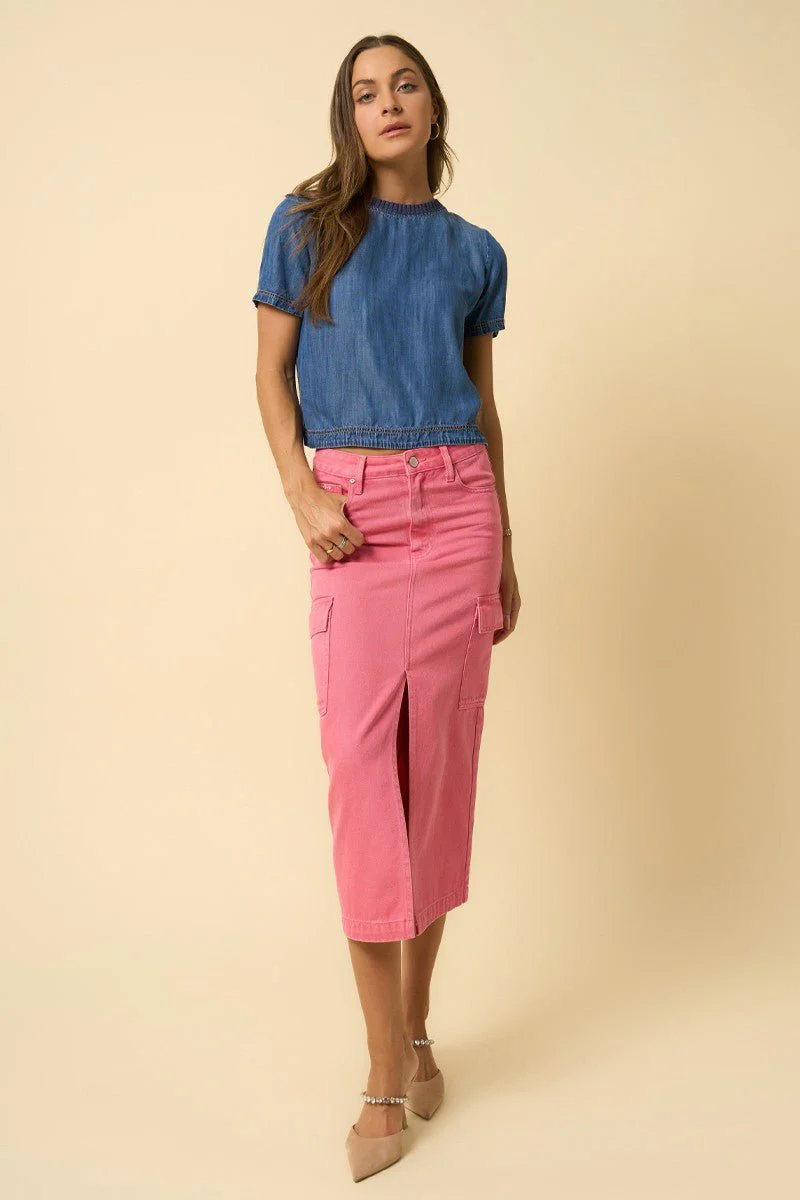 Pink Denim Midi Cargo Skirt
