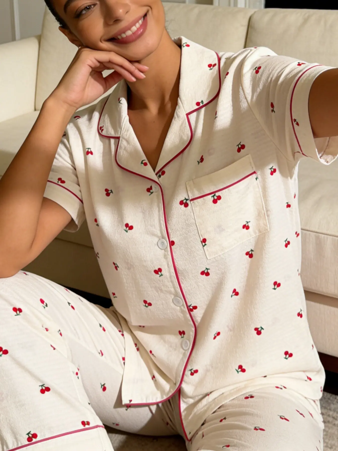 Women's Short Sleeve Long Pants Cardigan Pajama Set