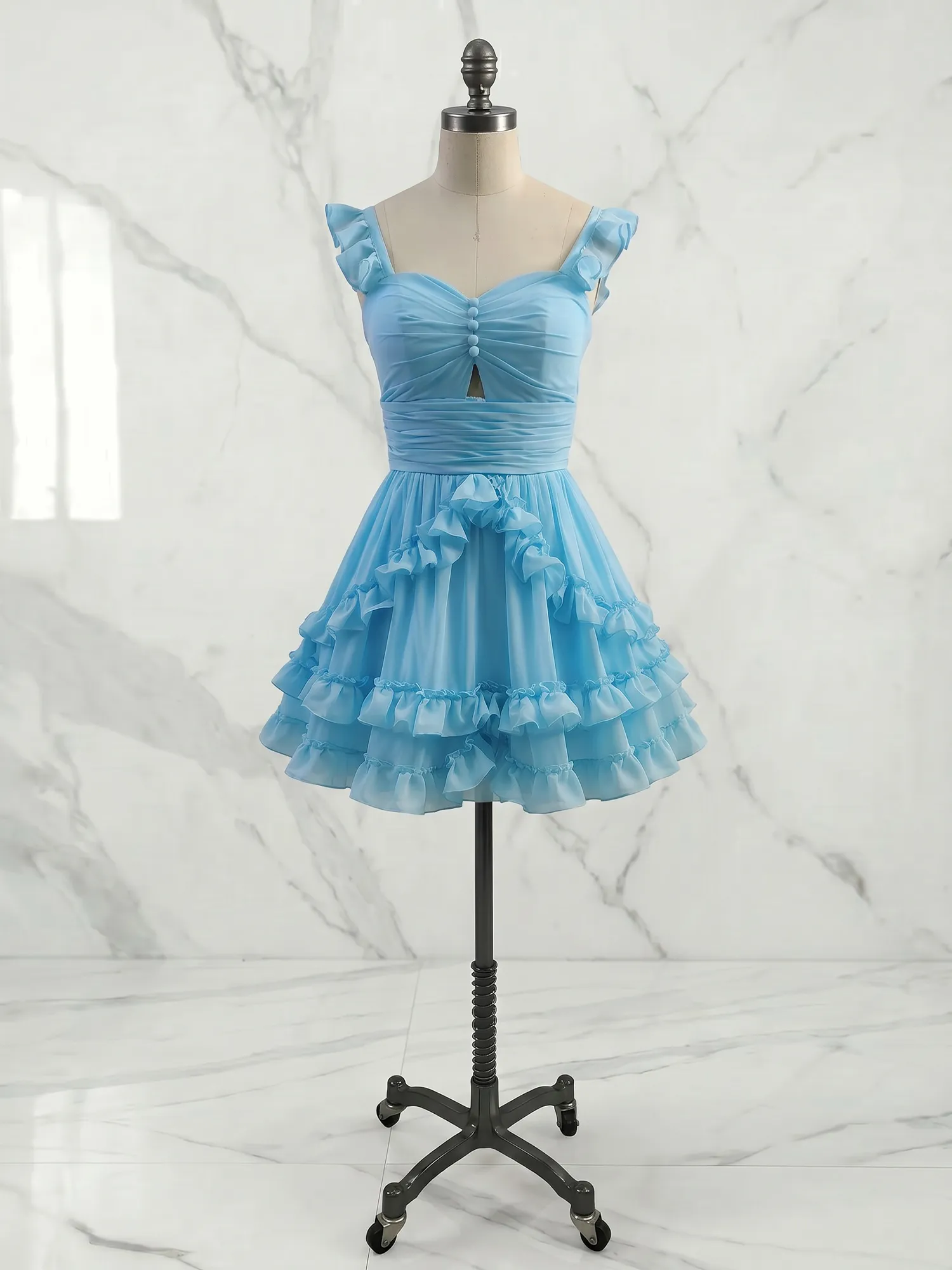 Sweetheart Ruffle Strap Tiered Chiffon Mini Homecoming Dress