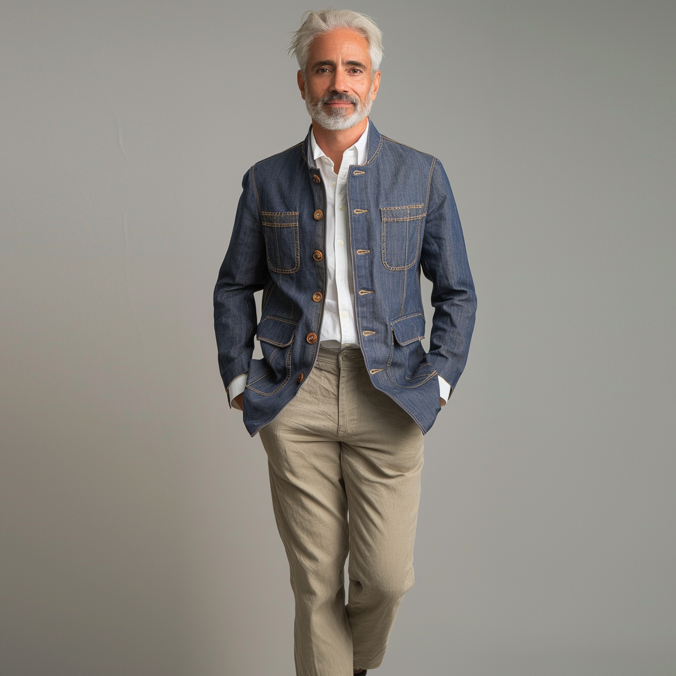 Men's Stand Collar Pockets Retro Denim Jacket