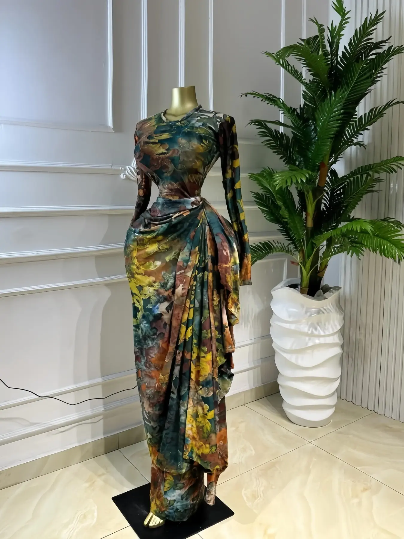 Elegant Feminine Women's Printed O-Neck Long Sleeve Ruffled Satin Belted Long Prom Dress, Club Sexy Evening Party Outfit Gown, Formal Wear, Female Fashion Music Festival Dress,Romantic Lady Skirt,Graduation Season Dress