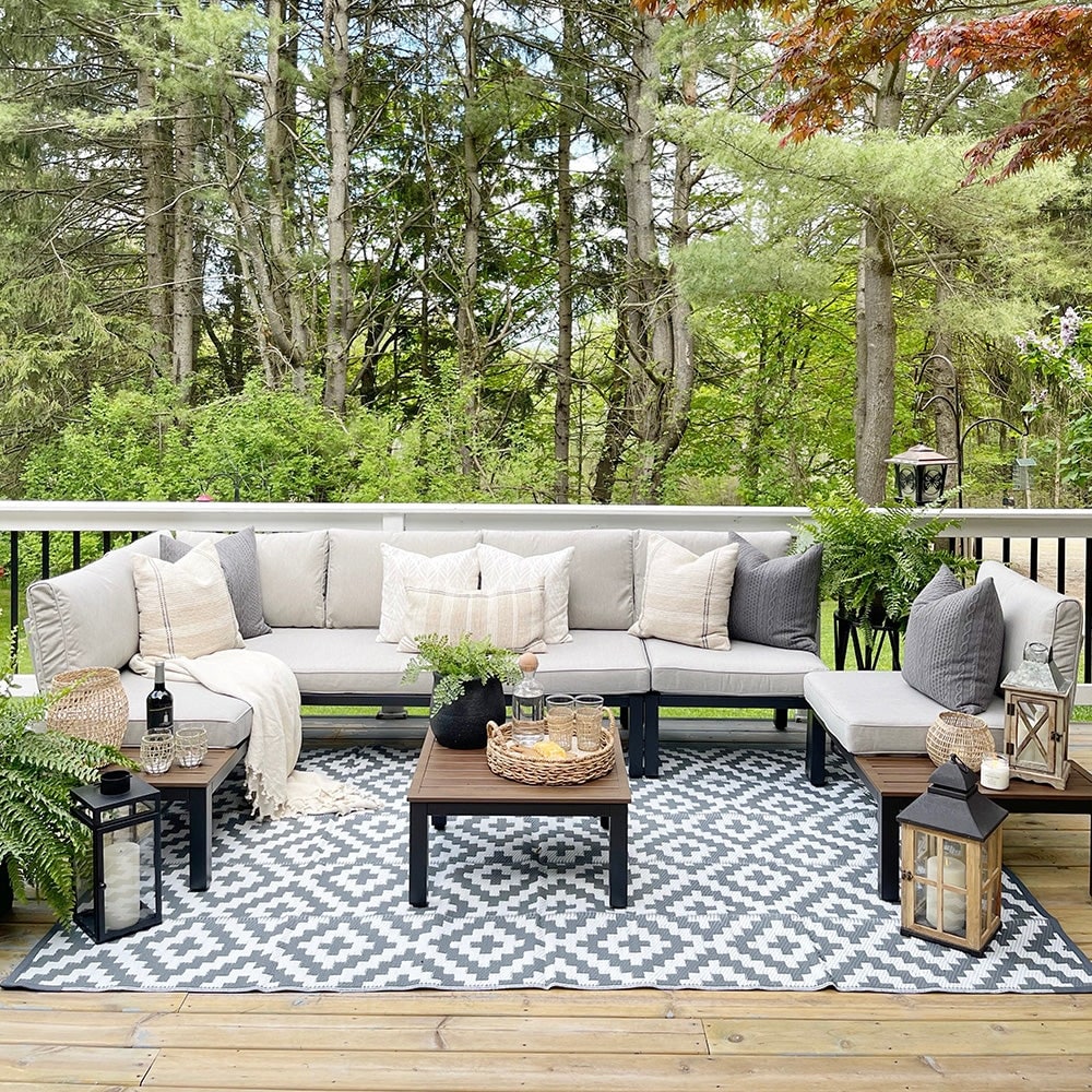 10-Seat Patio Sectional sofa set, E-coating Steel frame Conversation Sets with Built-in Side Table , Grey Cushion