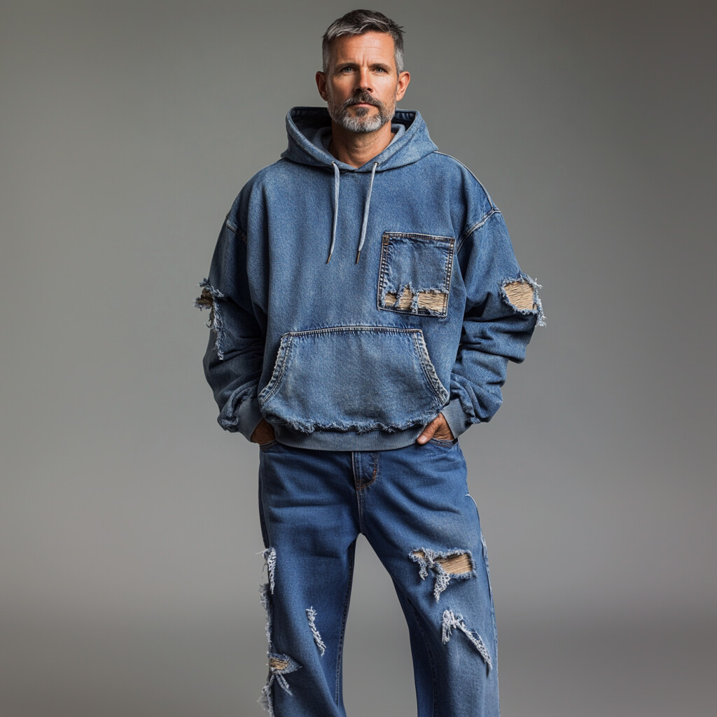 Men's Street Pocket Ripped Drawstring Denim Hoodie