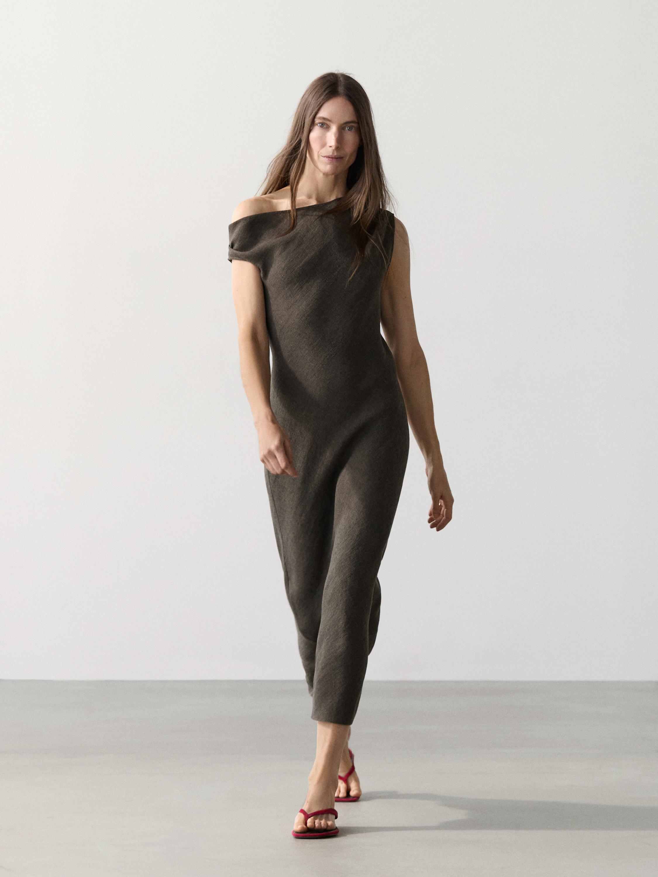 Vestido midi detalle hombro 100% lino
