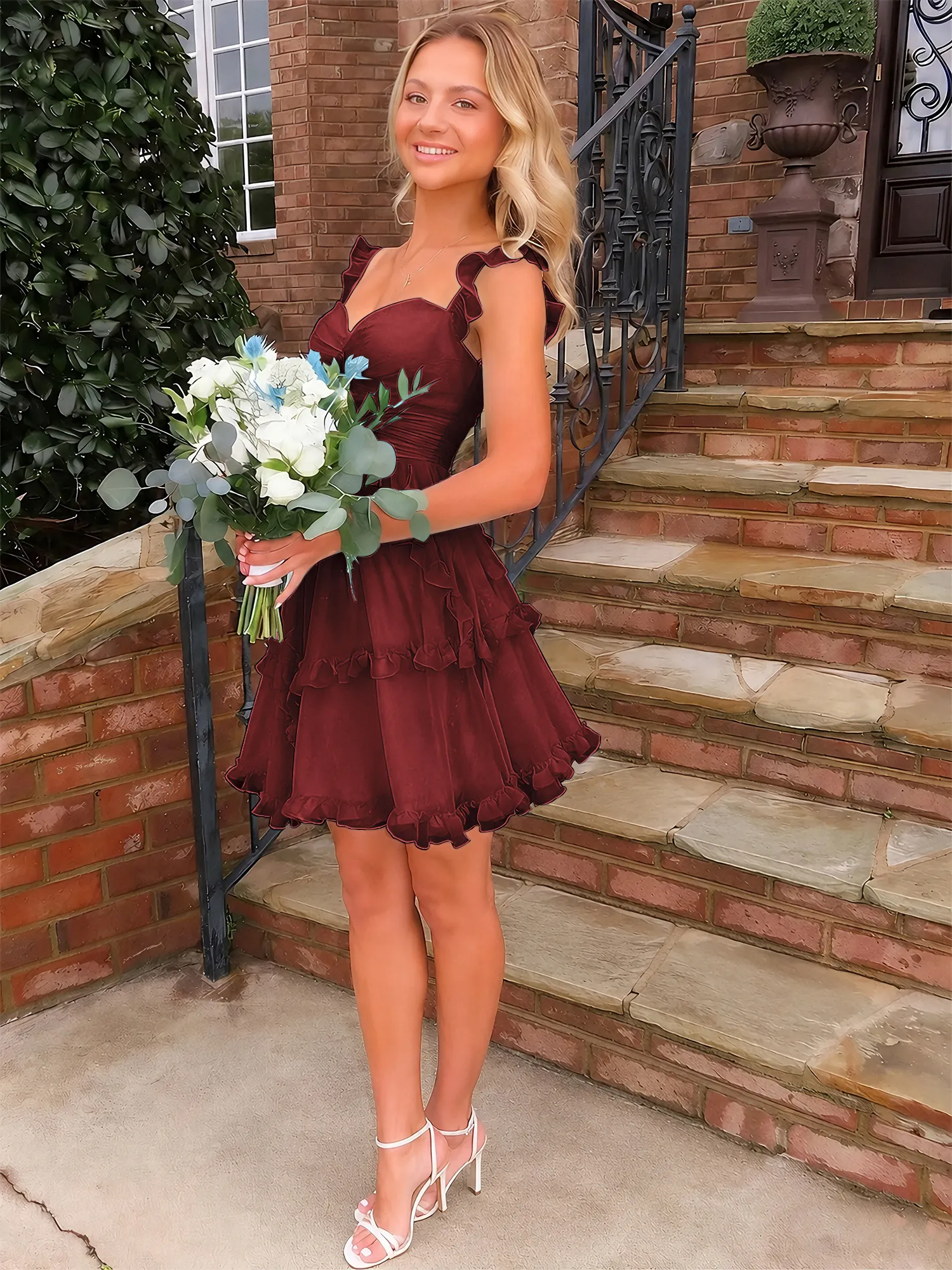 Sweetheart Ruffle Strap Tiered Chiffon Mini Homecoming Dress
