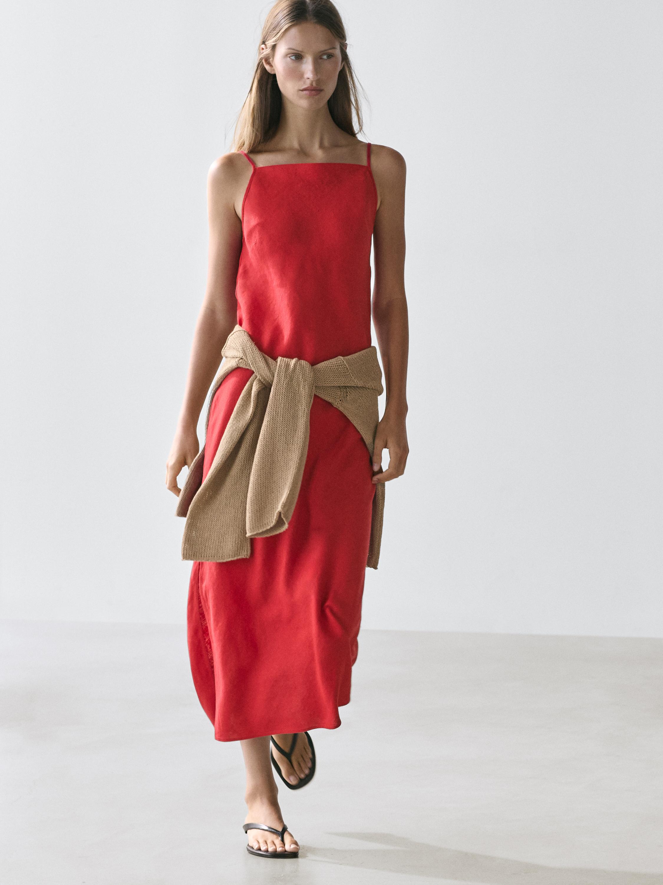Vestido midi escote recto lino