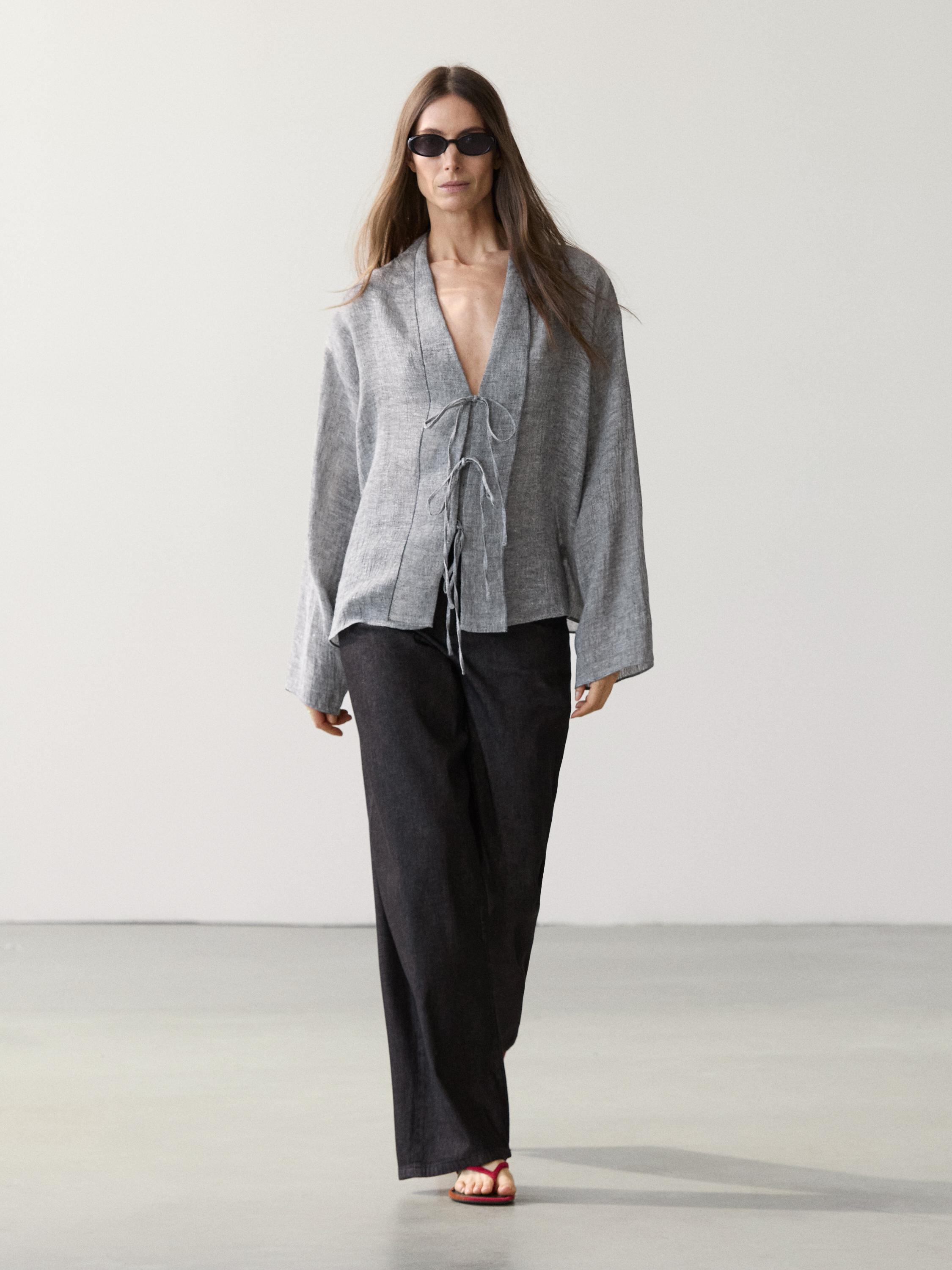 Blusa detalle lazos mezcla lino