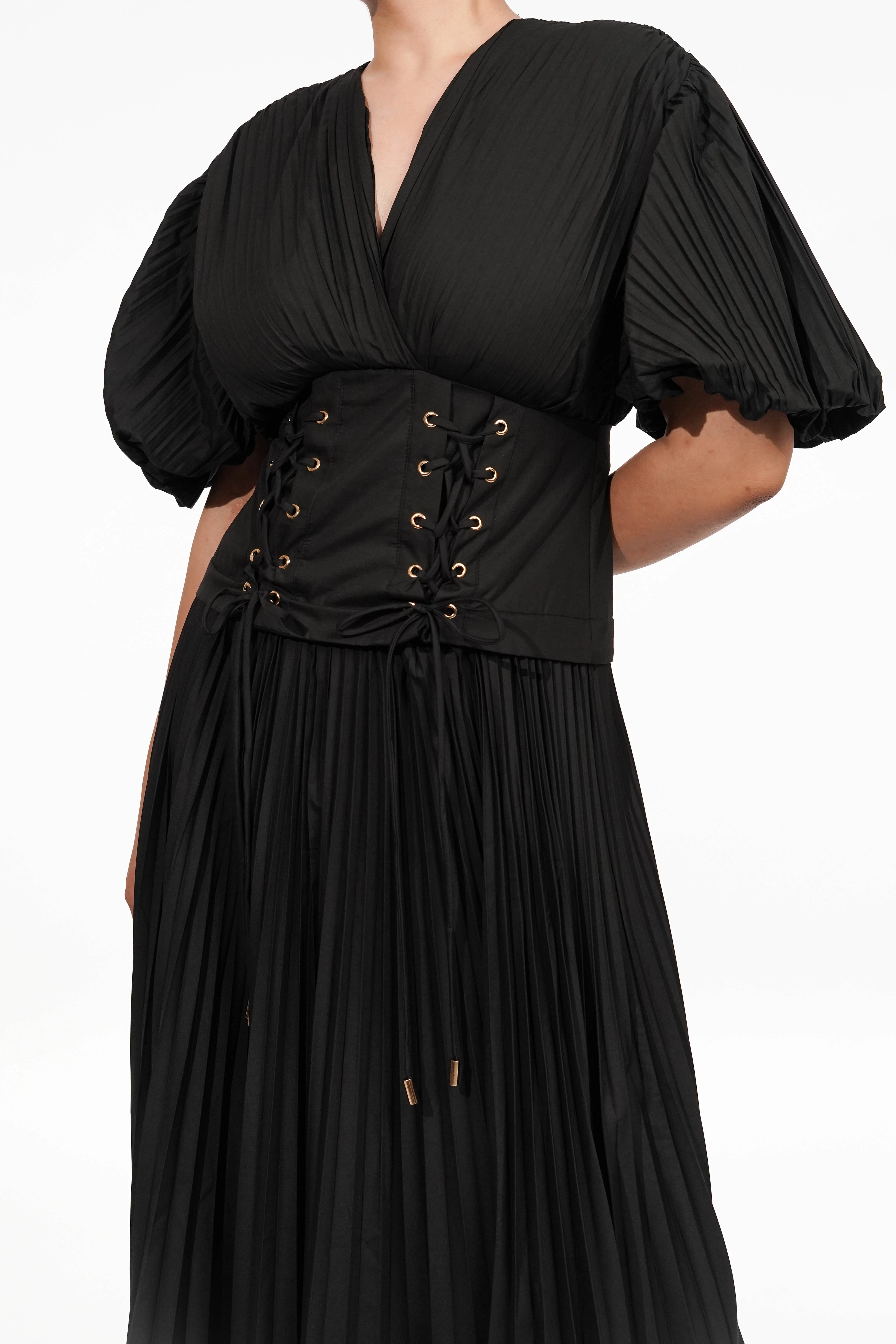 Black Pleated Tie-up Dress