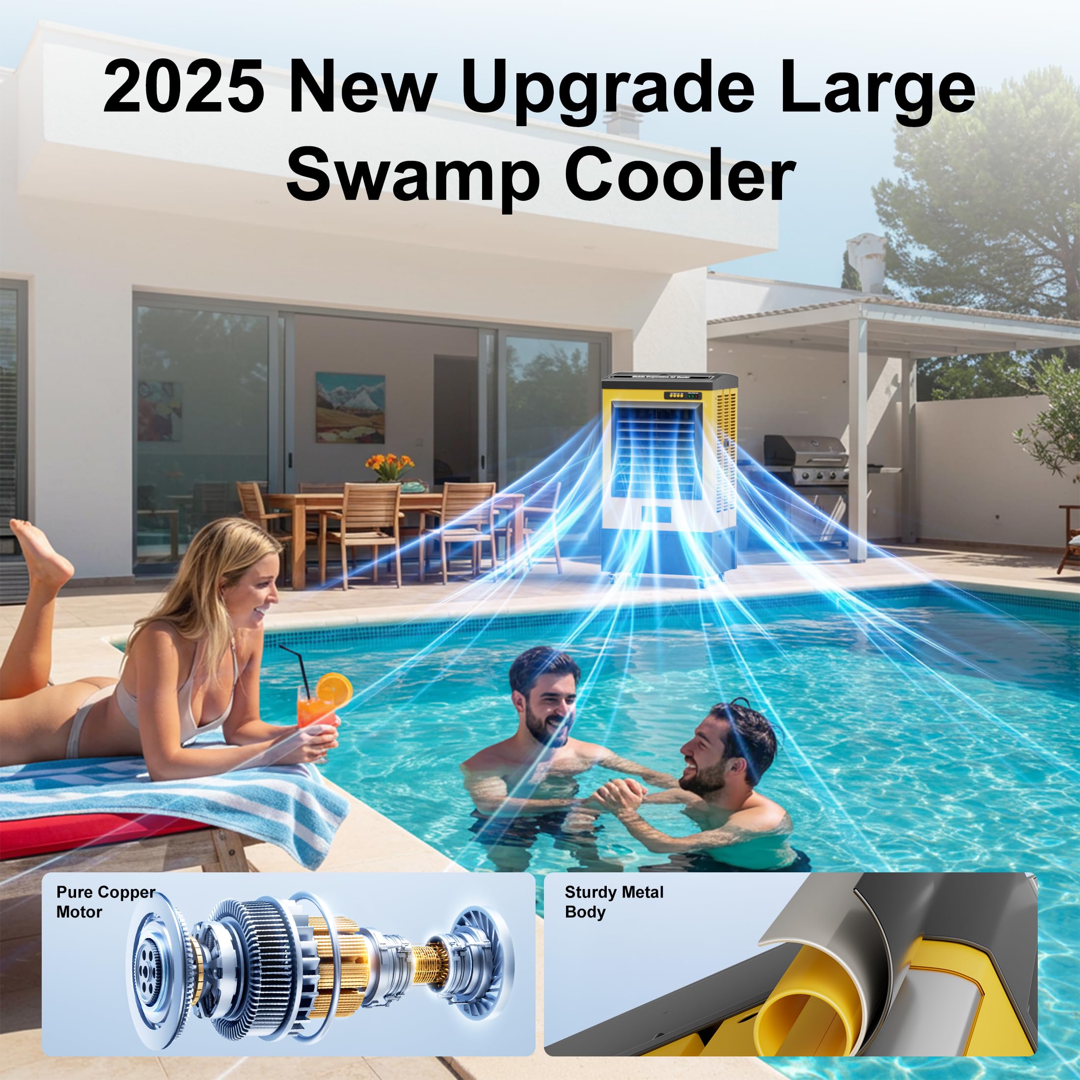 AKIRES 6500CFM Swamp Coolers,Evaporative Air Cooler for 1600Sq.ft of Space,with Continuous Auto Fill,19-Gal Water Tank,120°Oscillation,5 Ice Packs,Cooling Fan for Outdoor,Indoor Yellow(48IN)