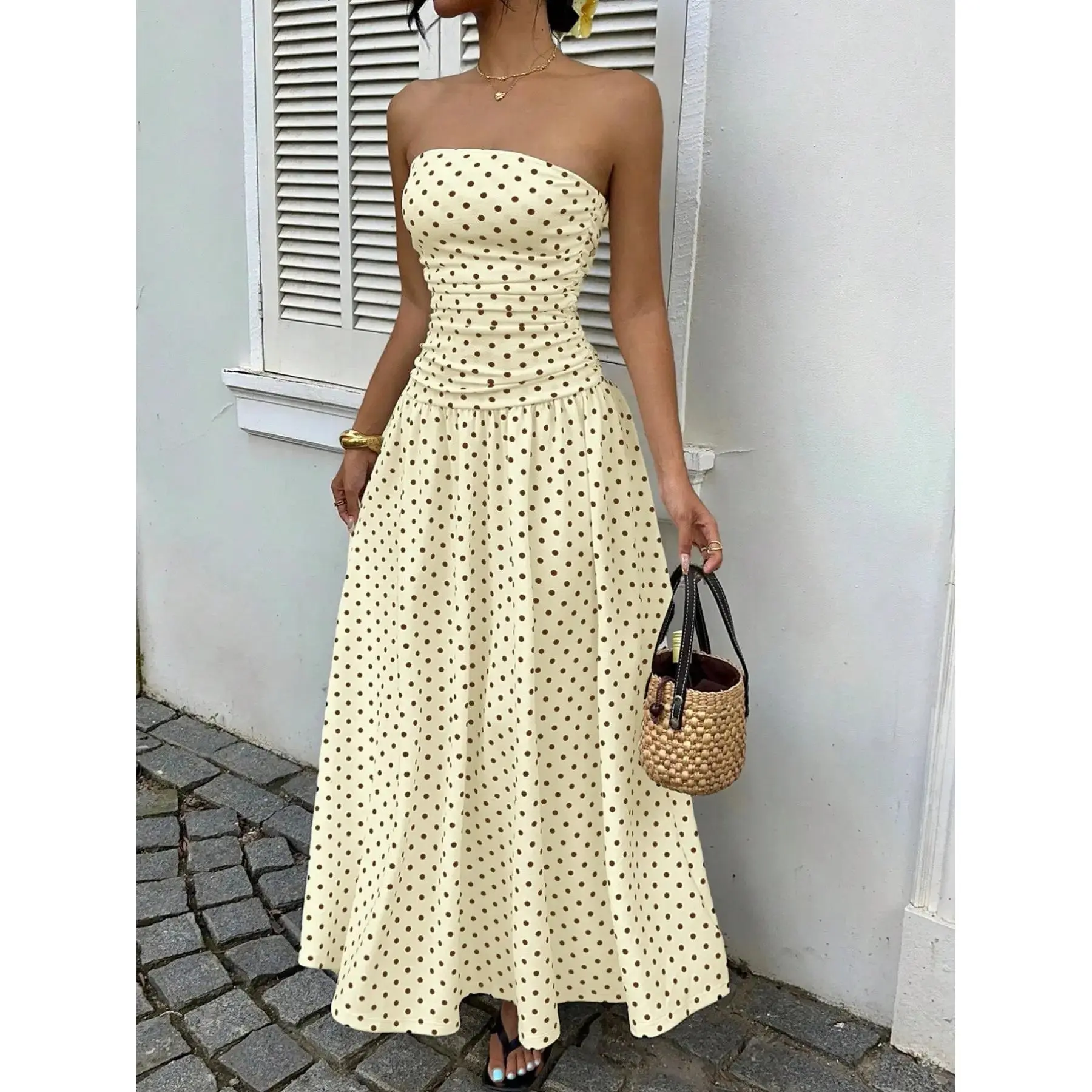 Women's Elegant Chic Fashion Polka Dot Strapless Dress, Stylish Sleeveless Maxi Dress for Parties and Casual Wear