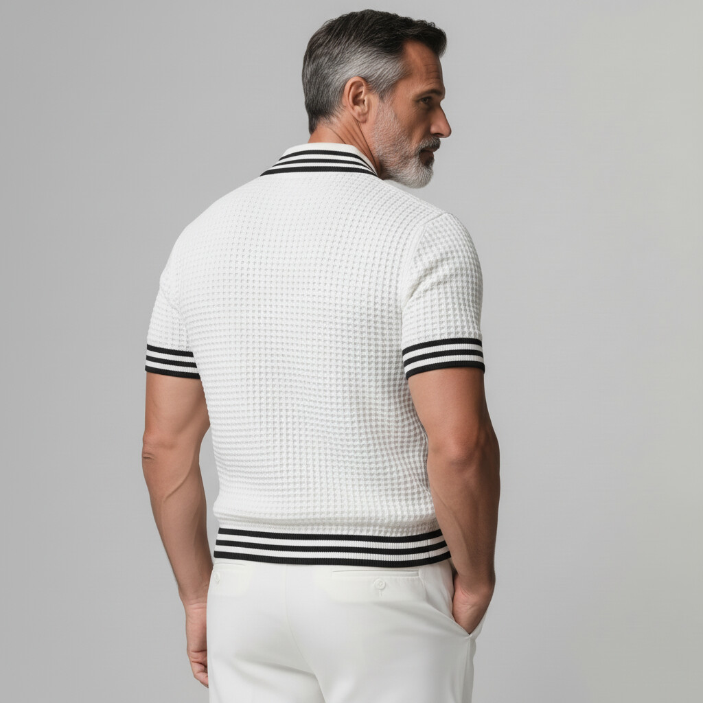 Men's Casual White Contrast Striped Trim Waffle Texture Zip Up Short Sleeve Shirt