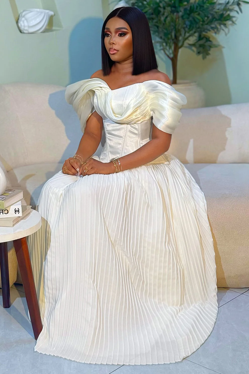 Off Shoulder Bandeau Corset Pleated Party Maxi Dresses-White