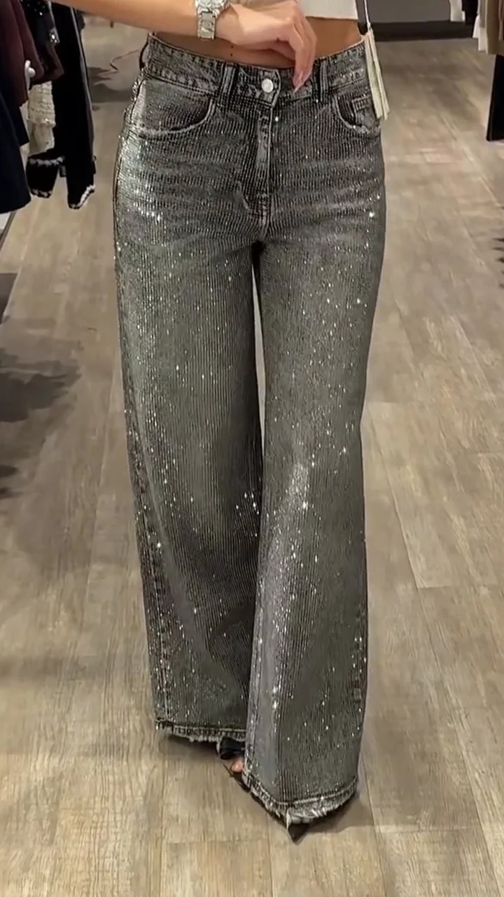 Women Rhinestone Washed Casual Jeans