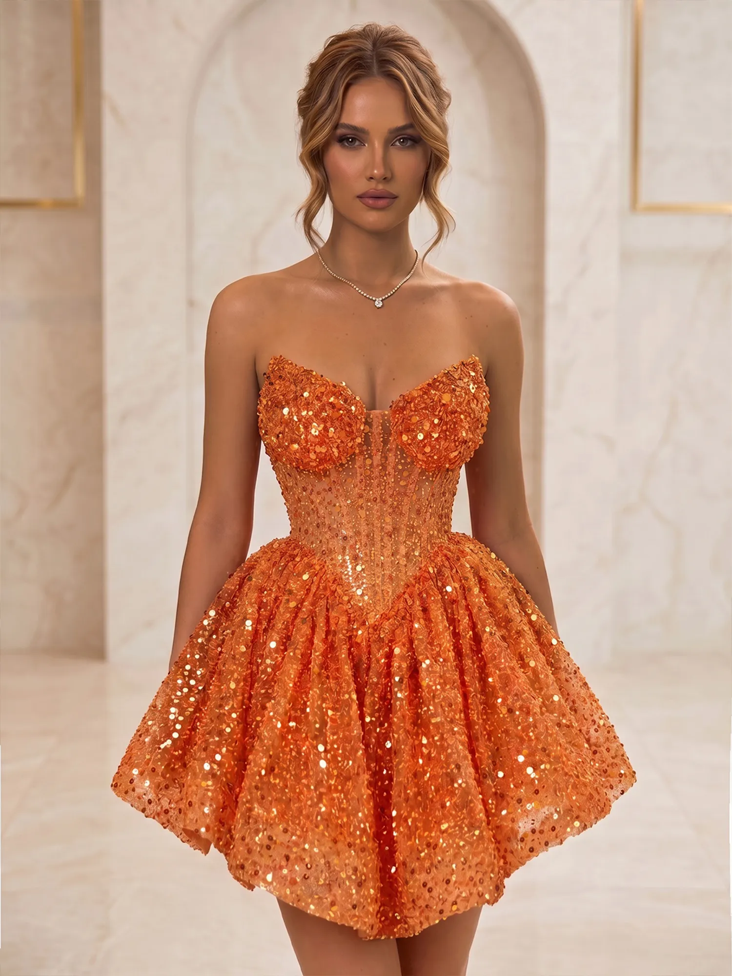 Sequin Strapless Sweetheart Mini Homecoming Dress with Ruffled Skirt