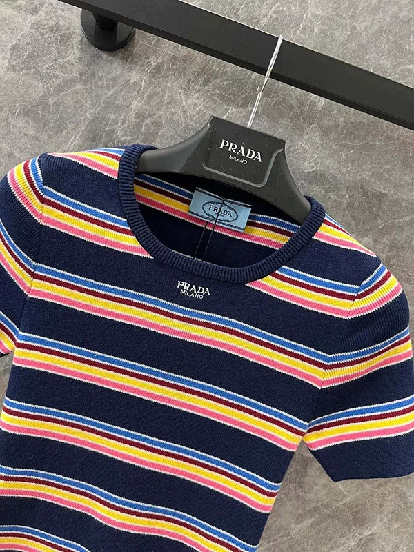 Round neck color stripe knitted short sleeved shirt TX-9170178