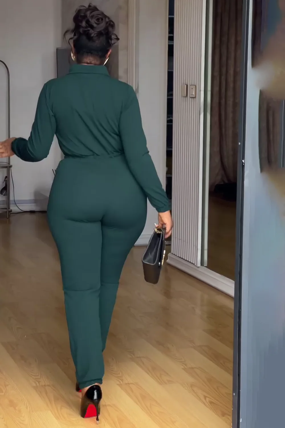 Button Up Long Sleeve Blouse Tight Fit Pants 2pcs Set-Green