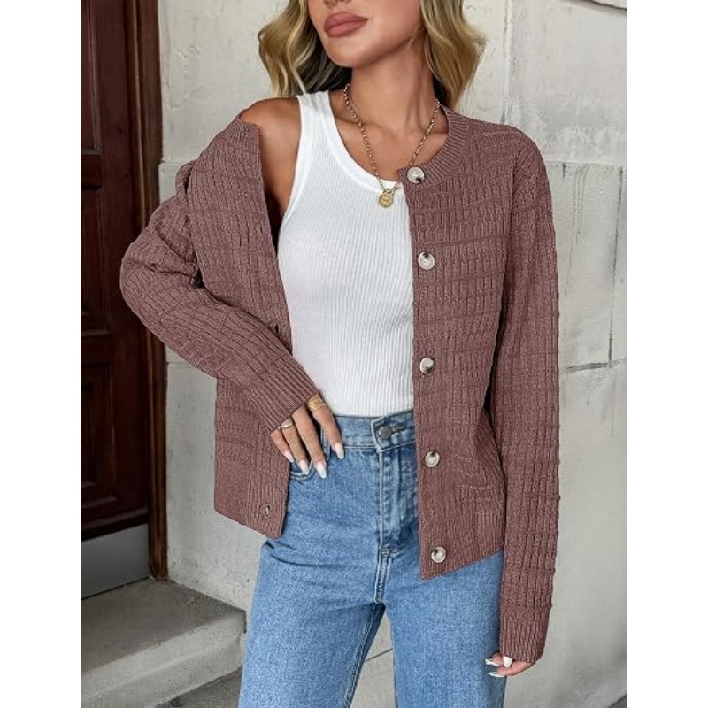 Women 2026 Fall Cropped Knit Cardigan Jacket Crew Neck Textured Waffle Knit Long Sleeve Button‑Front Casual Knit Outerwear