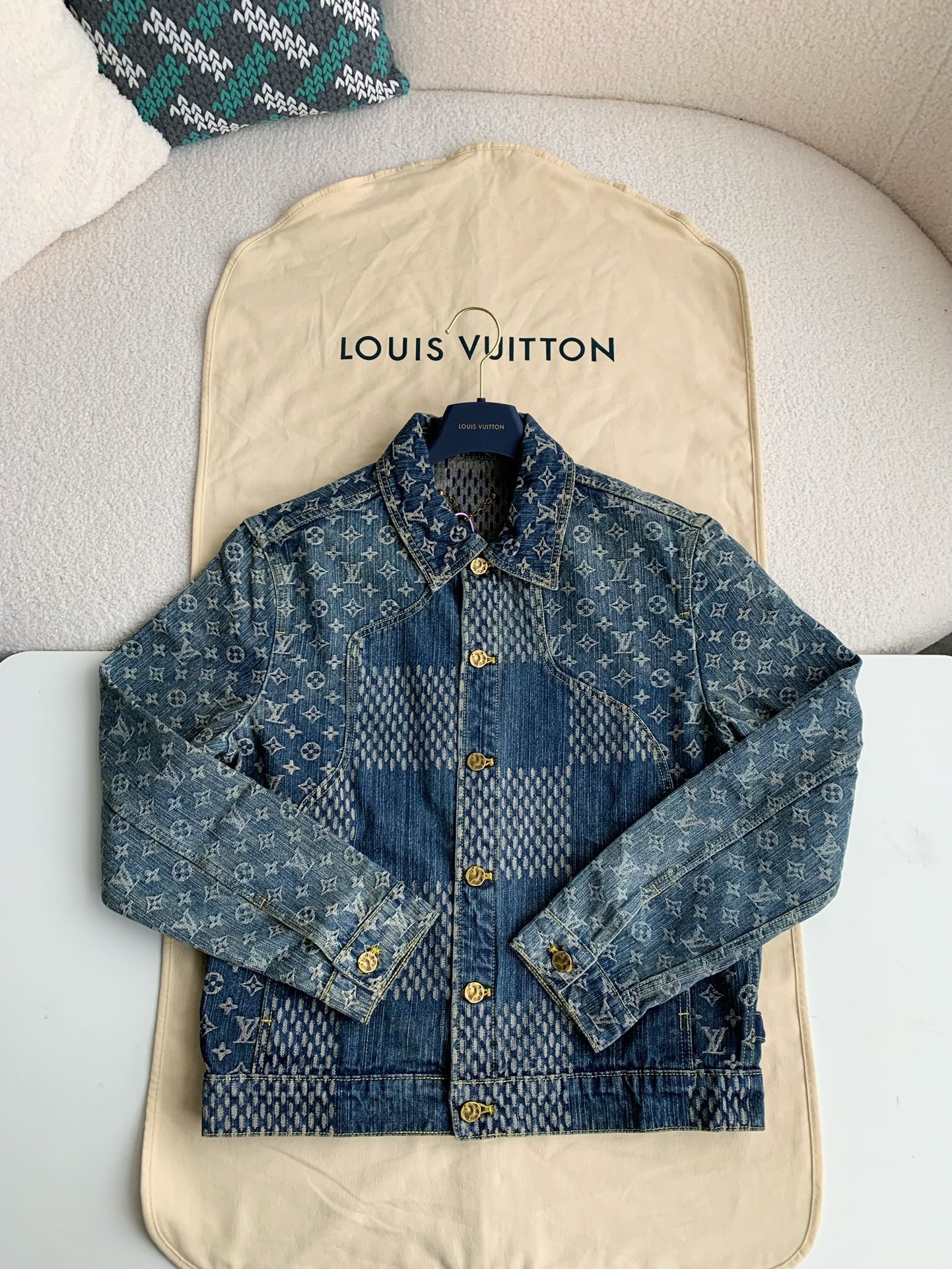 LV Classic Logo printed all over patchwork denim jacket