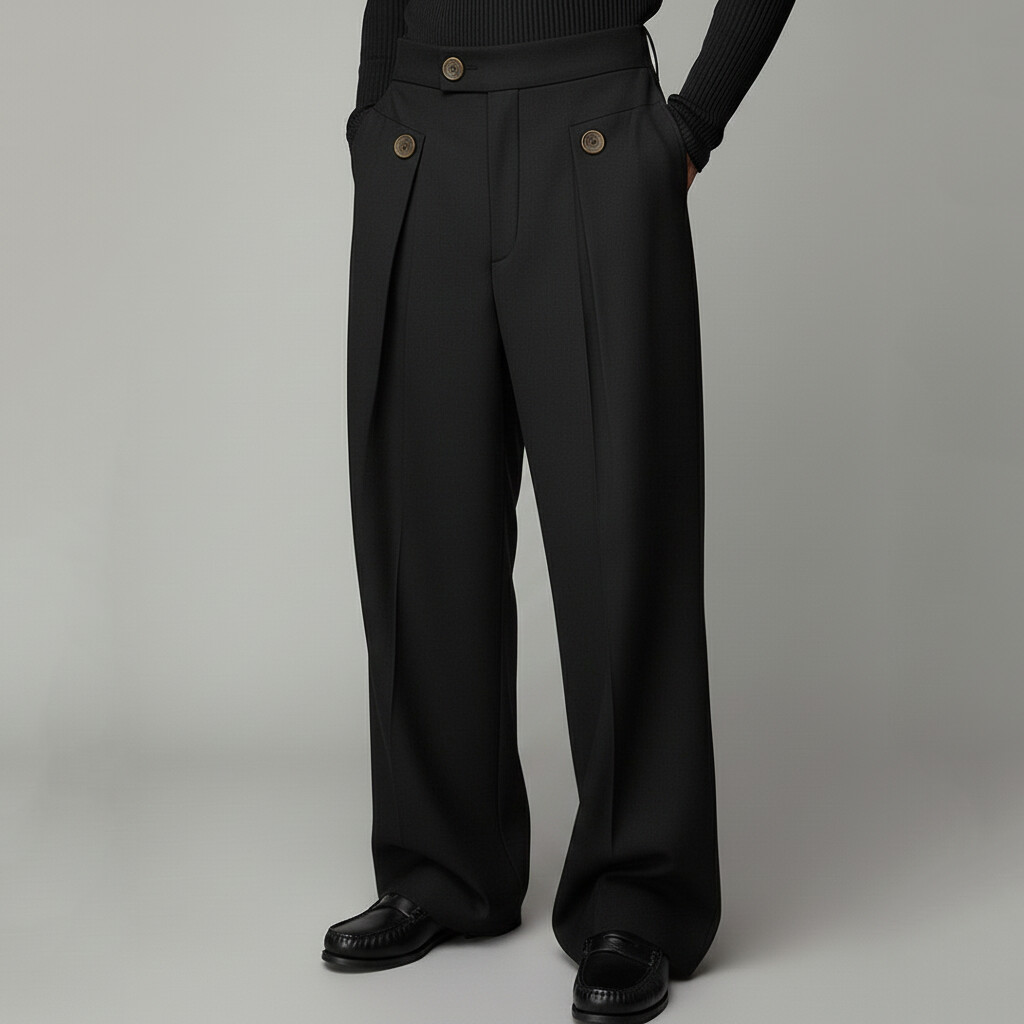 Men's Casual Asymmetrical Buttons Layered Straight Leg Pants