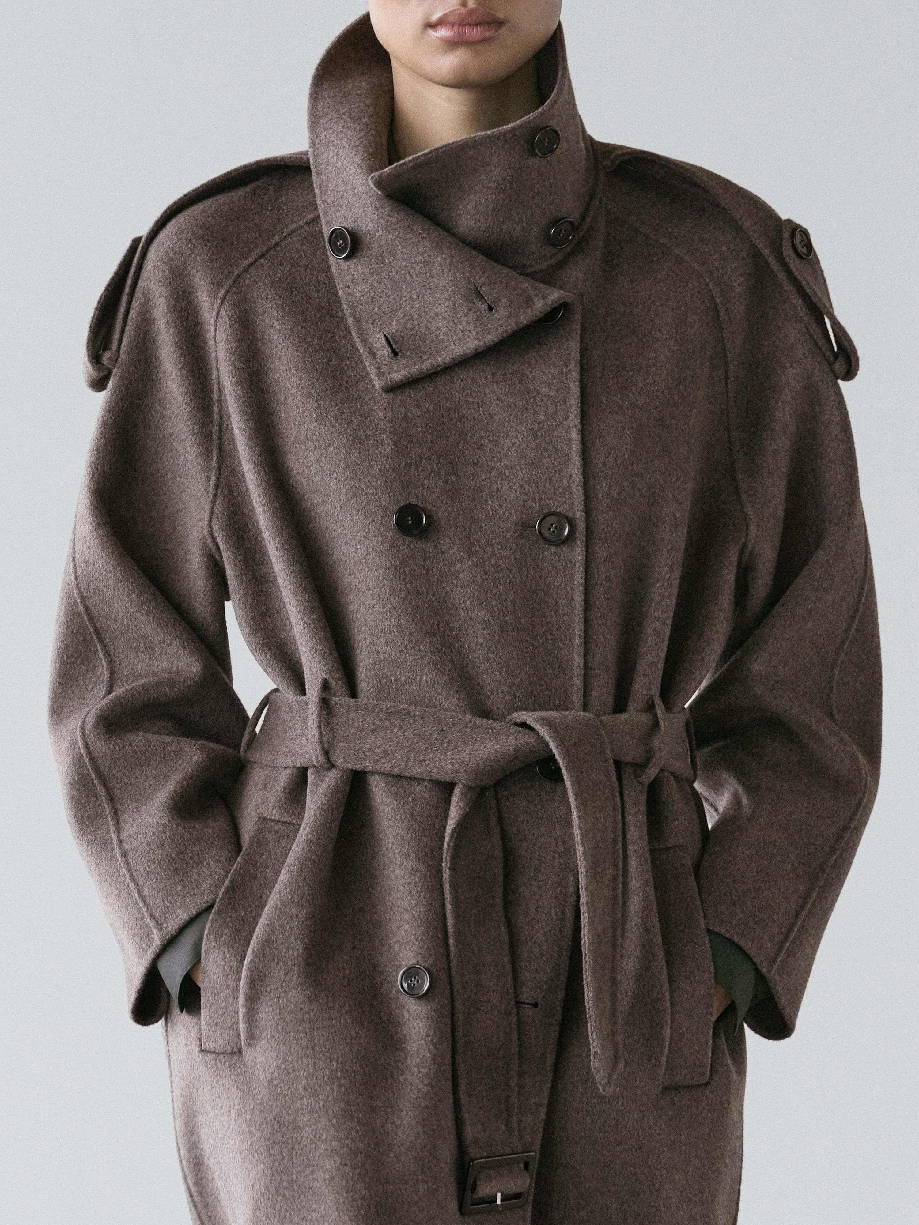 Abrigo trench largo cinturón mezcla lana