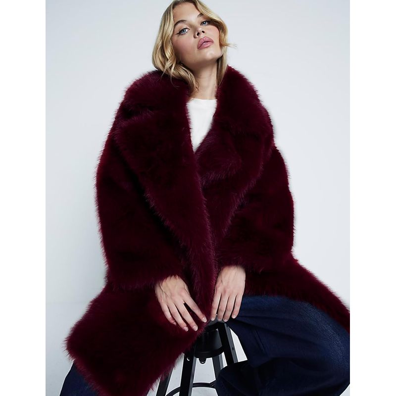 Women Faux Fur Coat Lapel Warm Open Front Winter Outerwear