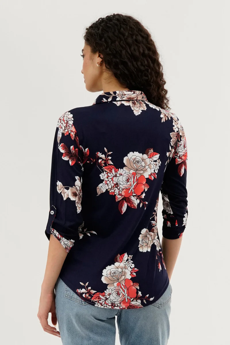 Floral Button Up Blouse - Navy