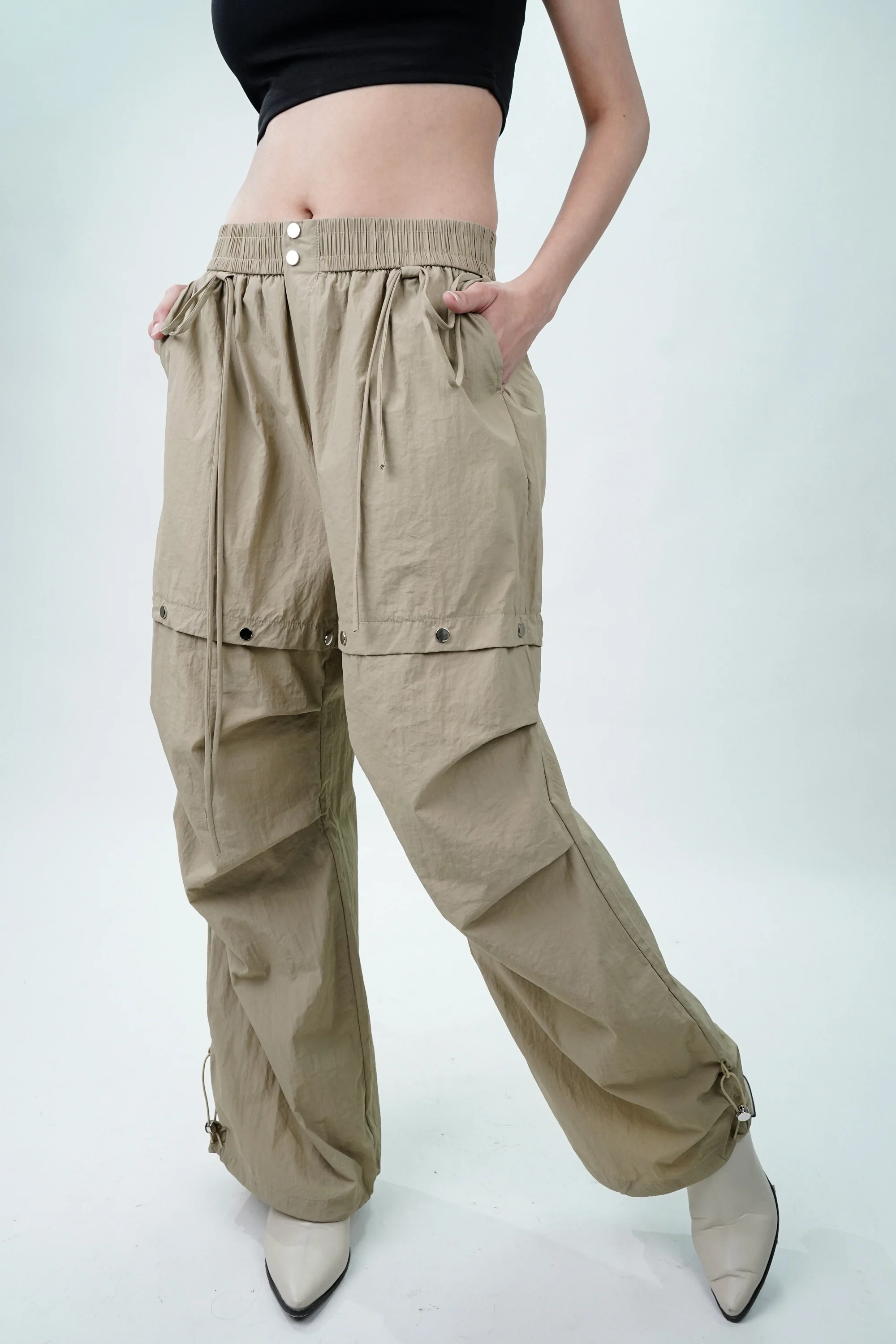 Beige Cargo Pants with Snap Buttons