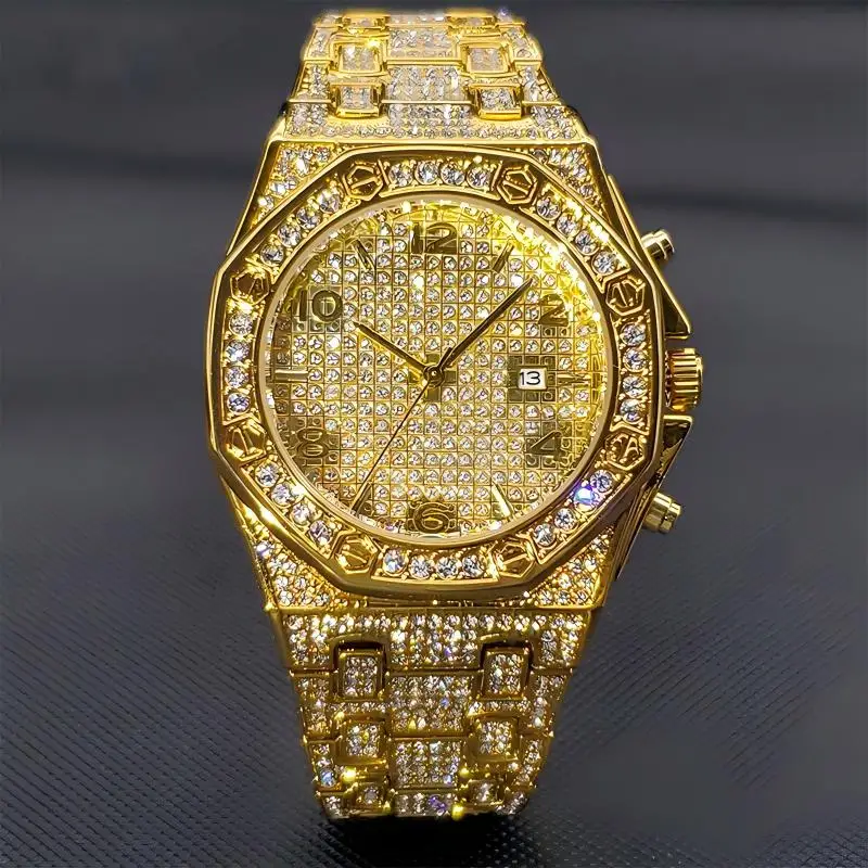 Gold Watches For Men Full Iced Diamond Men’s Quartz Watch Luxury Fashion Calendar Wristwatch