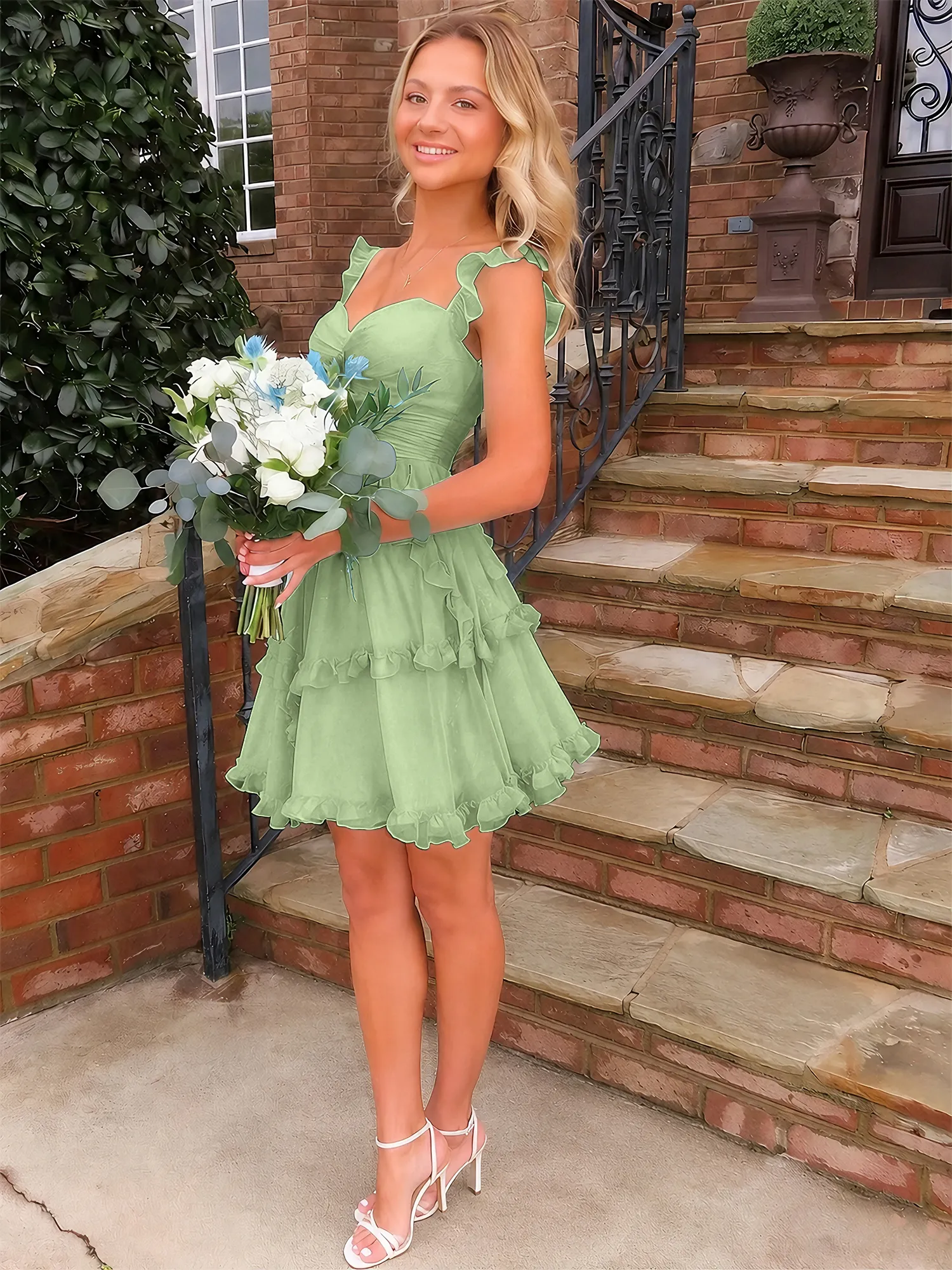 Sweetheart Ruffle Strap Tiered Chiffon Mini Homecoming Dress