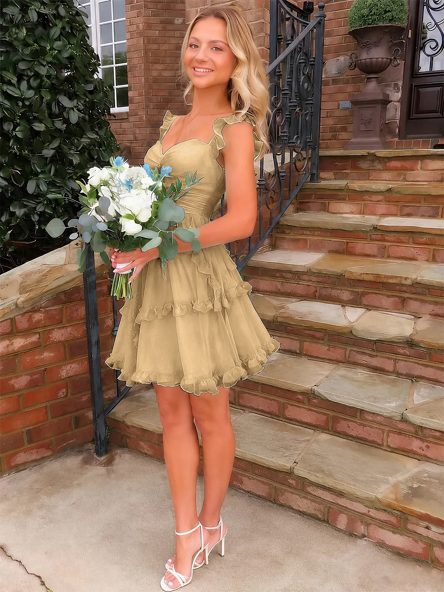 Sweetheart Ruffle Strap Tiered Chiffon Mini Homecoming Dress