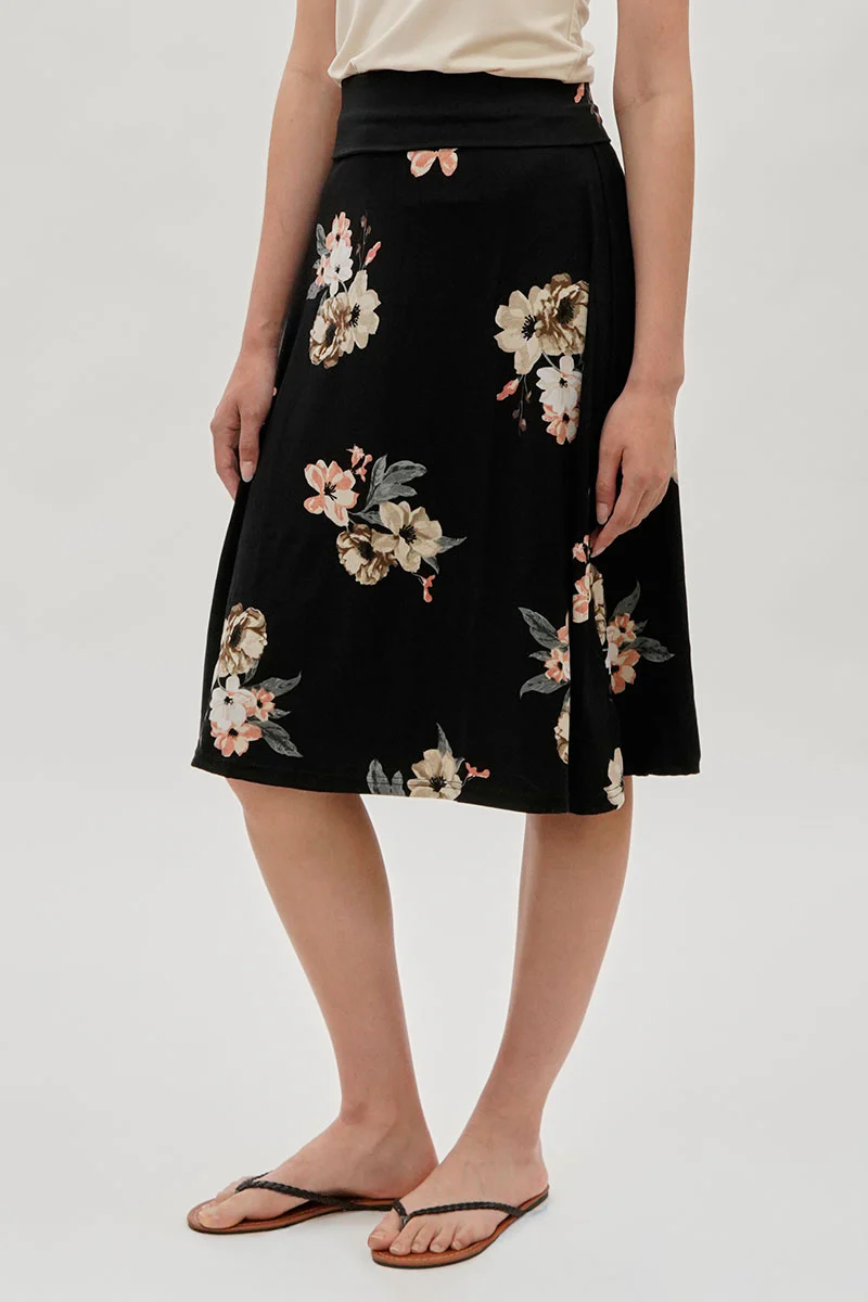 Floral Fold Over Midi Skirt - Black