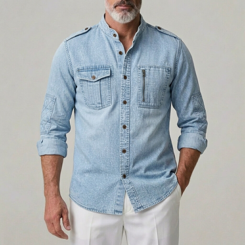 Men's Casual Solid Buttons Utility Pockets Stand Collar Long Sleeve Shirt